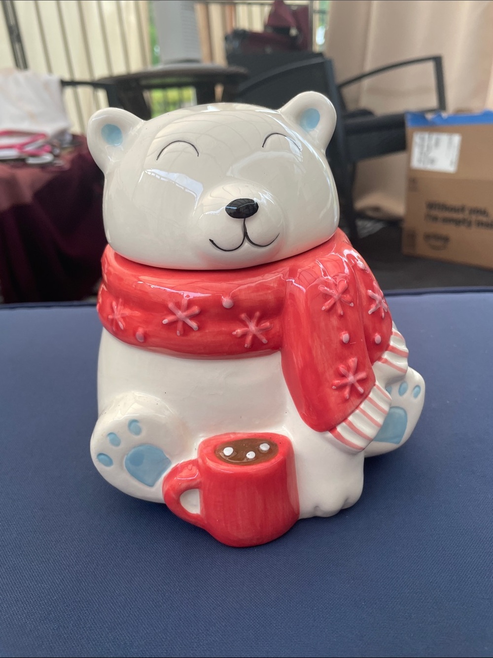 10 Strawberry Street, White Ceramic Bear Cookie Jar with Red Snowflake Scarf